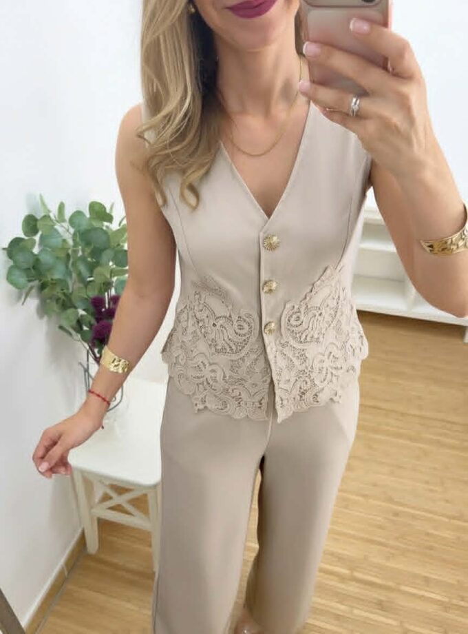 Conjunto Guipur taupé